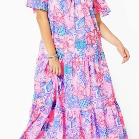 Lilly Pullitzer NWT Dezi Off-The-Shoulder Maxi Dress Pink Isle Snappy Turtle XS - Picture 5 of 9